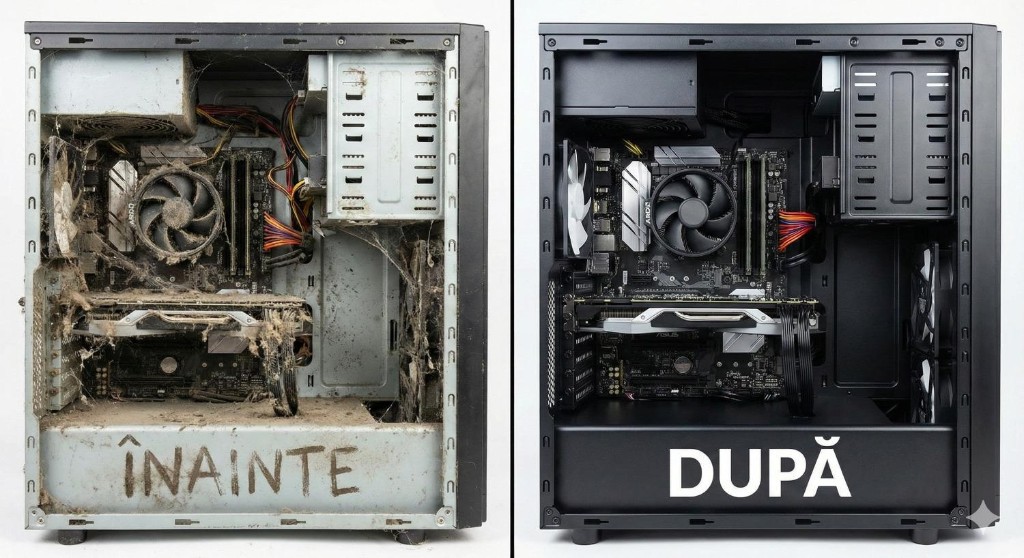 Comparație înainte și după curățarea profesională a unui PC.