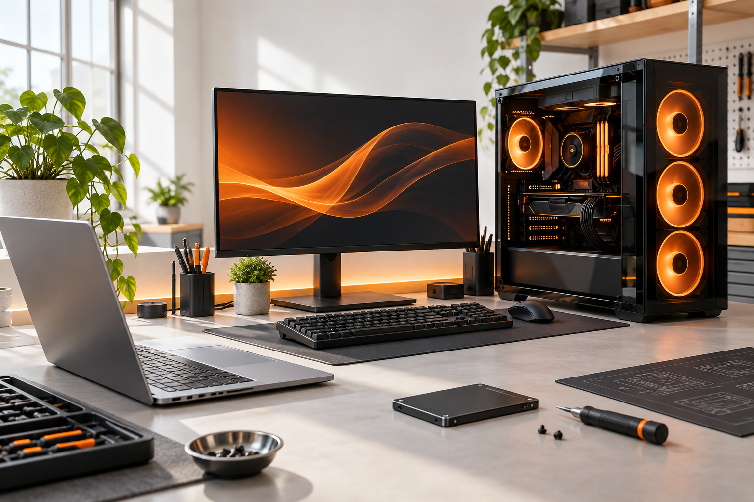 Ilustrație de atelier PC luminos, cu un calculator de gaming și laptop